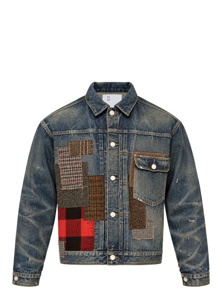 Junya Watanabe patchwork denim jacket in distressed indigo with mixed tweed, houndstooth, tartan plaid, and herringbone fabric appliqués, front view