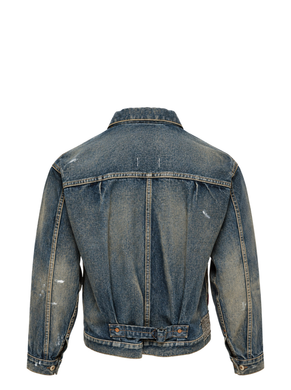 Junya Watanabe patchwork denim jacket in distressed indigo with mixed tweed, houndstooth, tartan plaid, and herringbone fabric appliqués, front view - view 2