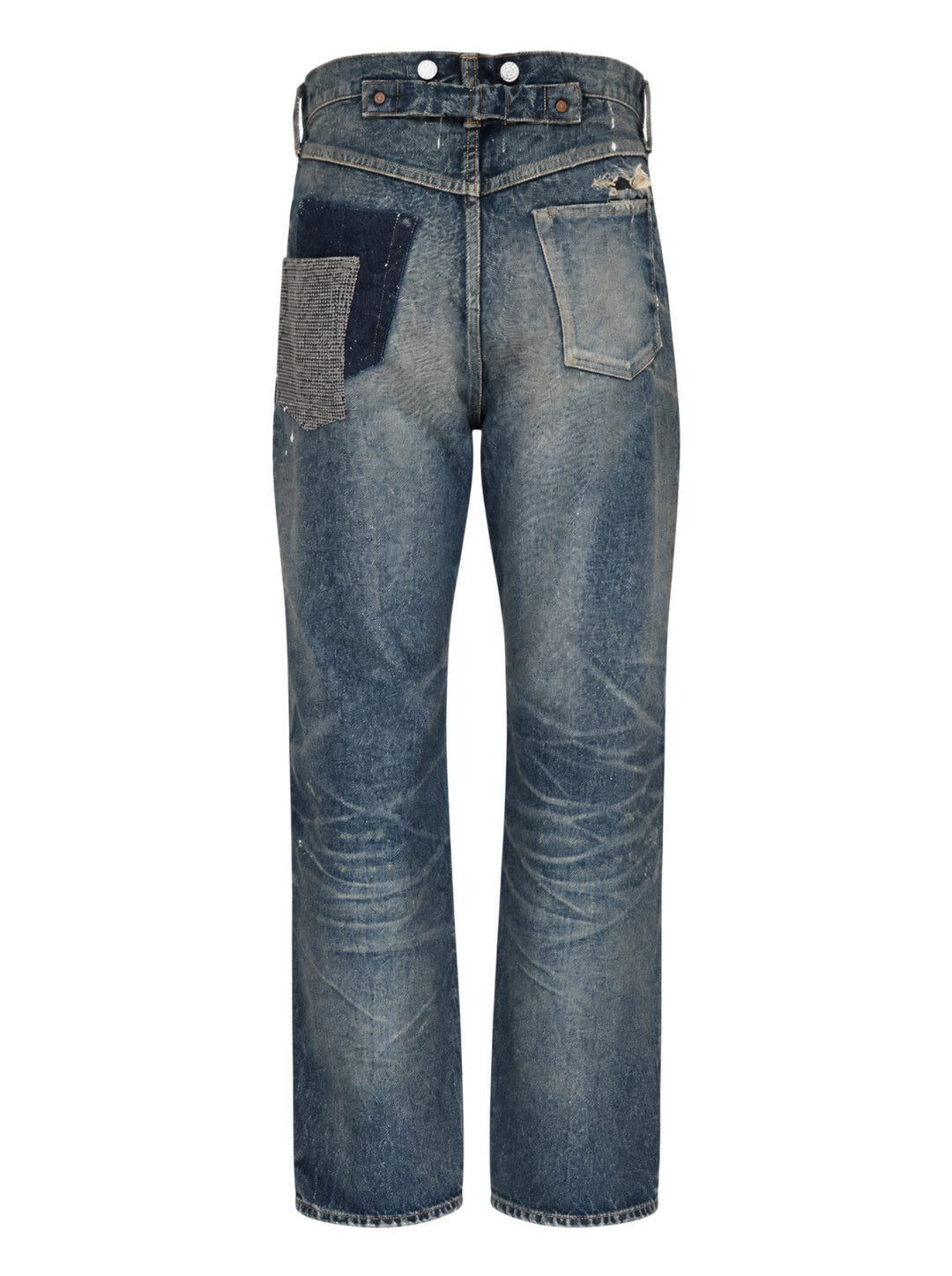 Junya Watanabe distressed cotton denim jeans with heavy vintage wash, paint splatter marks, copper rivets, and engraved silver-tone buttons along the waistband — straight-leg silhouette, front view - view 2