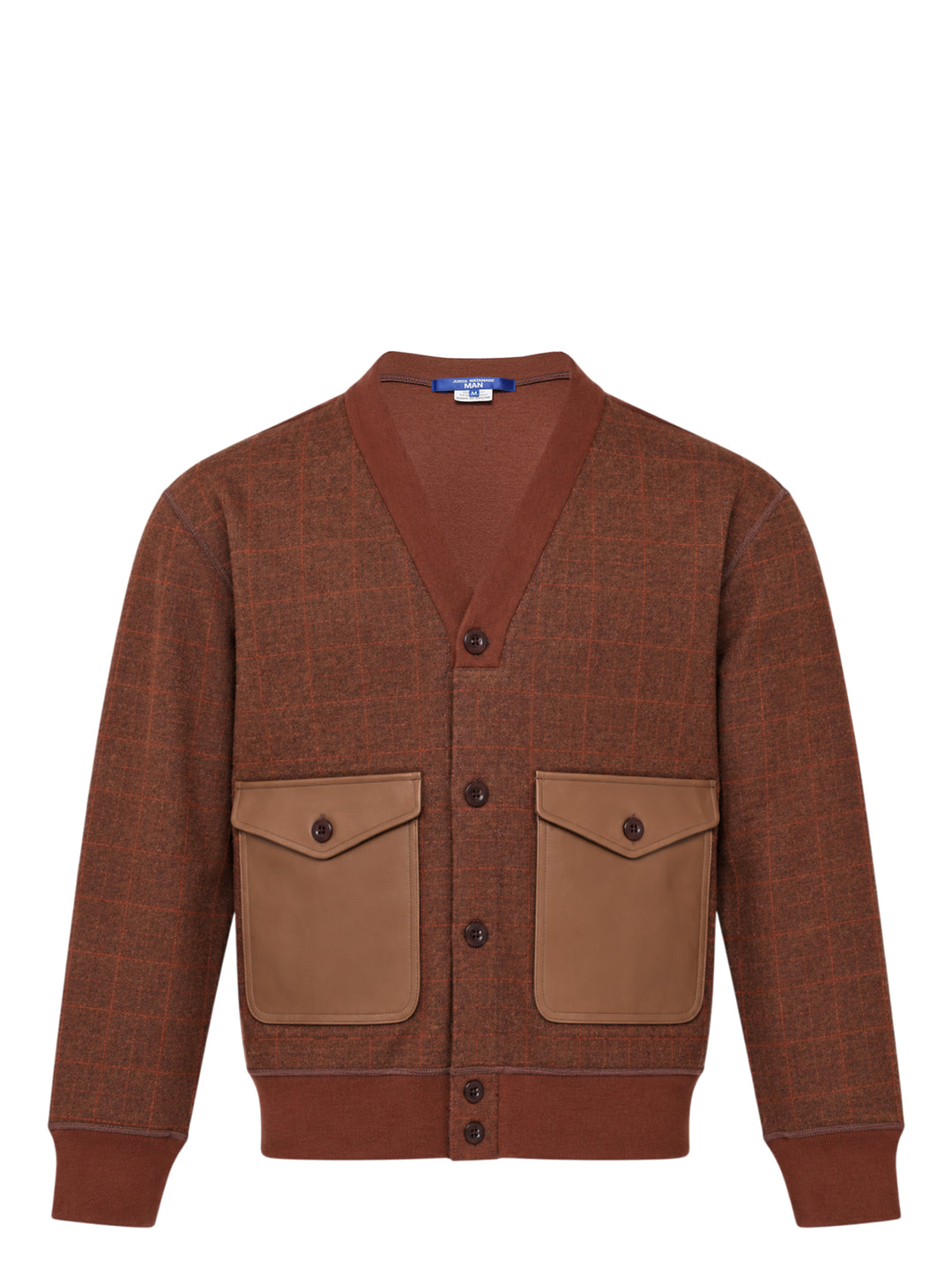 Junya Watanabe MAN wool check cardigan in brown with leather-look patch pockets, button front closure, and ribbed cuffs and hem