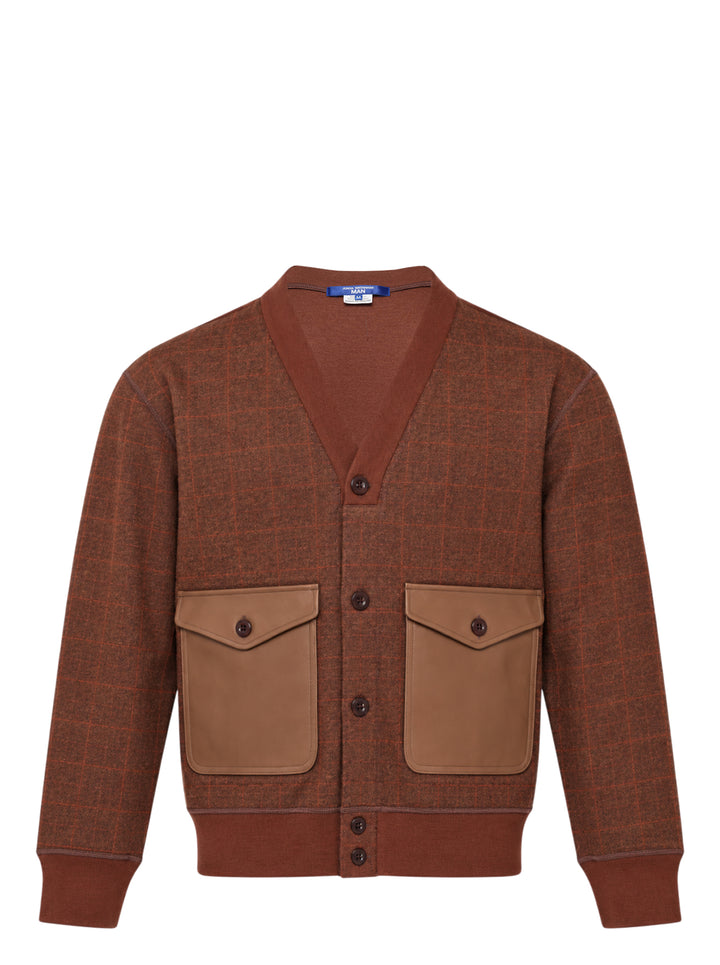 Junya Watanabe MAN wool check cardigan in brown with leather-look patch pockets, button front closure, and ribbed cuffs and hem