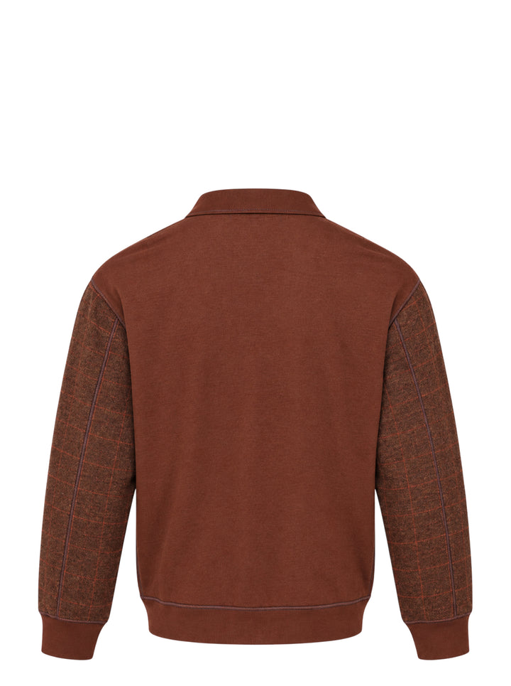 Junya Watanabe MAN wool check cardigan in brown with leather-look patch pockets, button front closure, and ribbed cuffs and hem - view 2