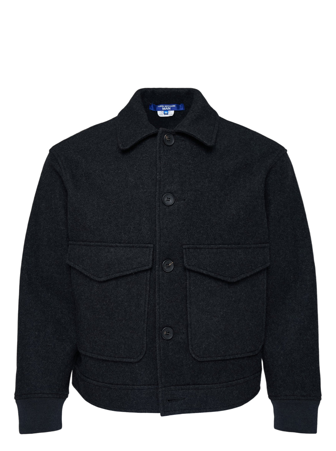 Junya Watanabe MAN charcoal cashmere melton jersey jacket with point collar, four-button front, flap pockets and ribbed cuffs