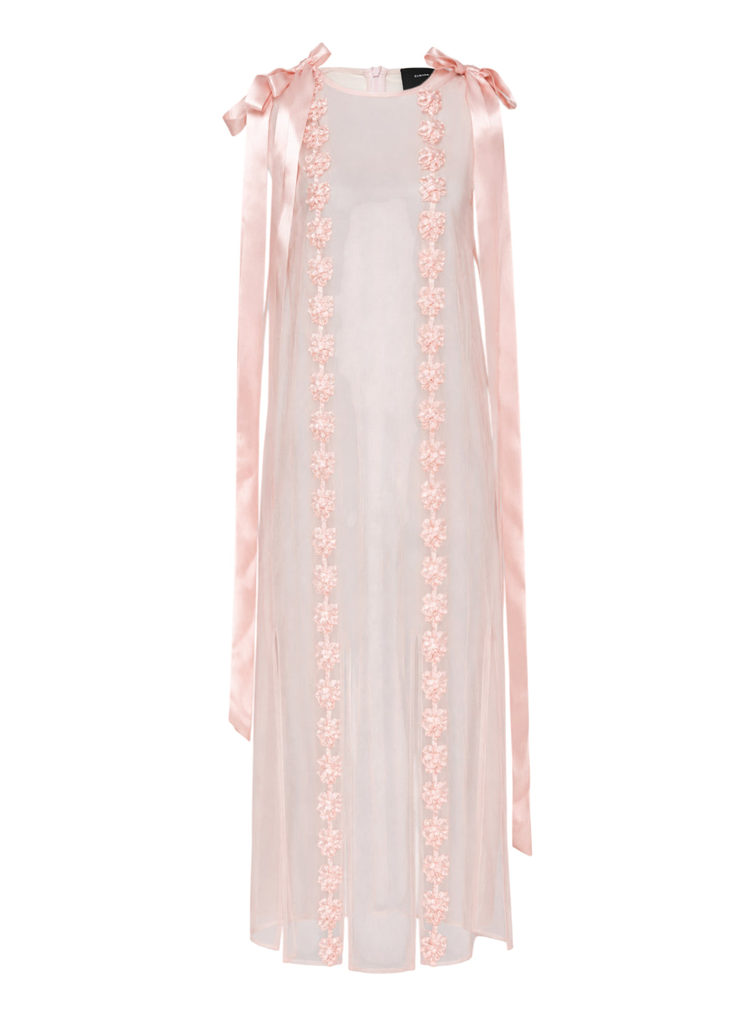Simone Rocha sheer blush pink midi dress with satin shoulder bows and vertical rows of ribbon rosette embellishment
