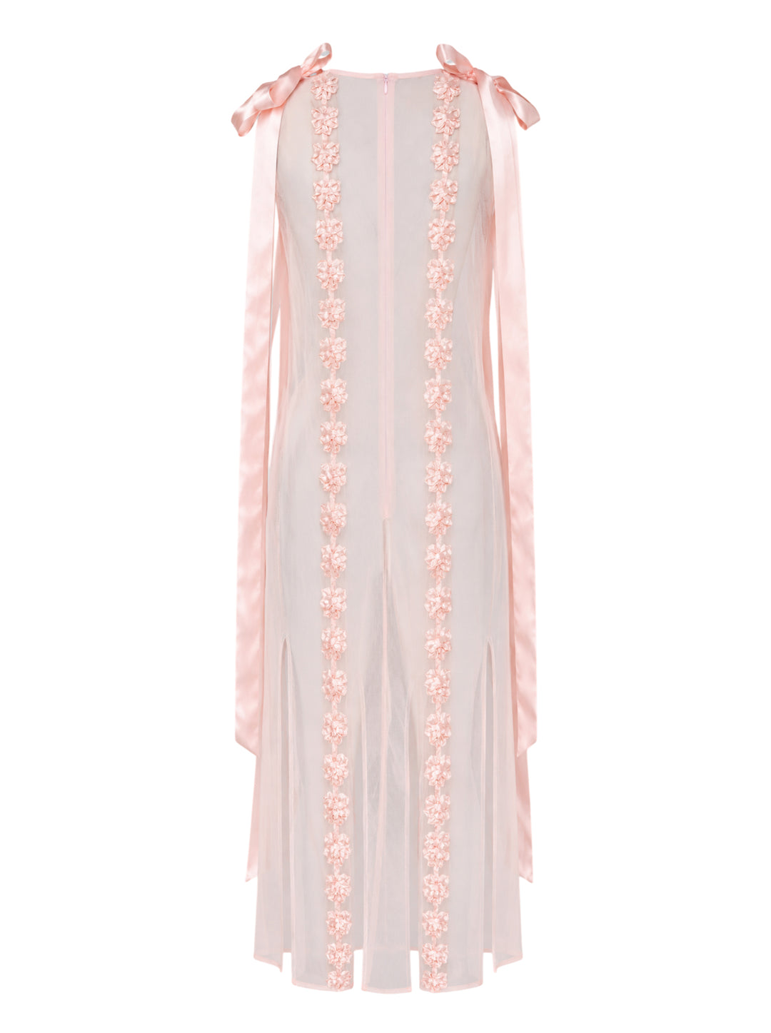 Simone Rocha sheer blush pink midi dress with satin shoulder bows and vertical rows of ribbon rosette embellishment - view 2