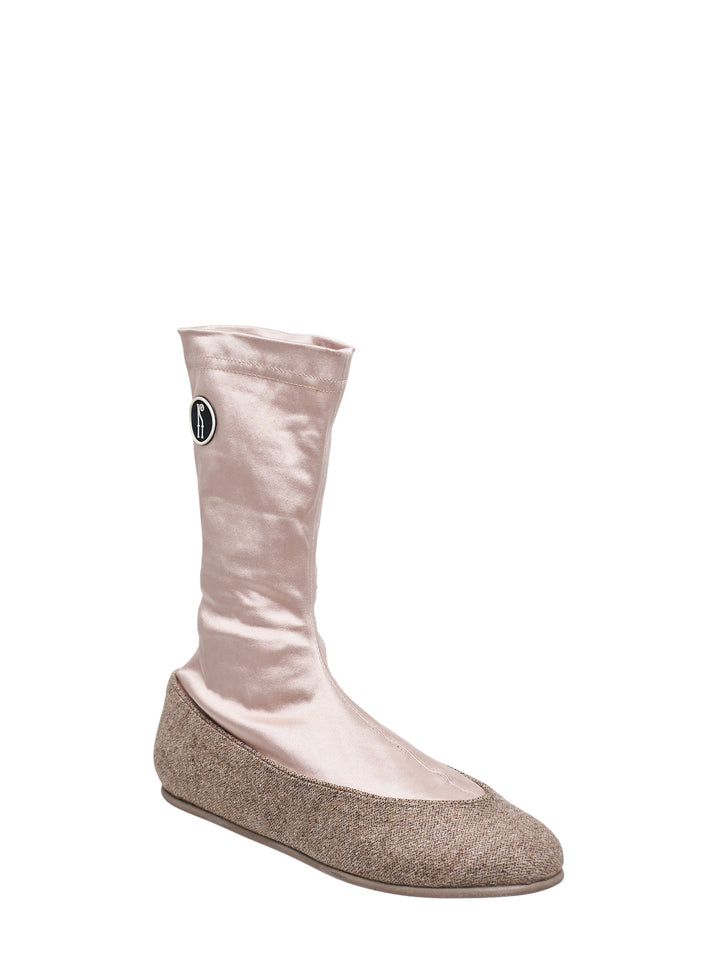 Kiko Kostadinov Proxima Low Ballerina boot in blush satin with a textured flecked foot and circular logo badge, shown in profile - view 2