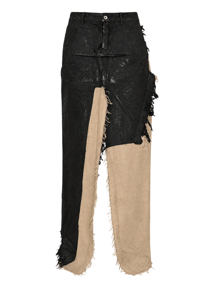 Rick Owens sliced denim skirt in coated black with beige underlayer panels and frayed raw edges