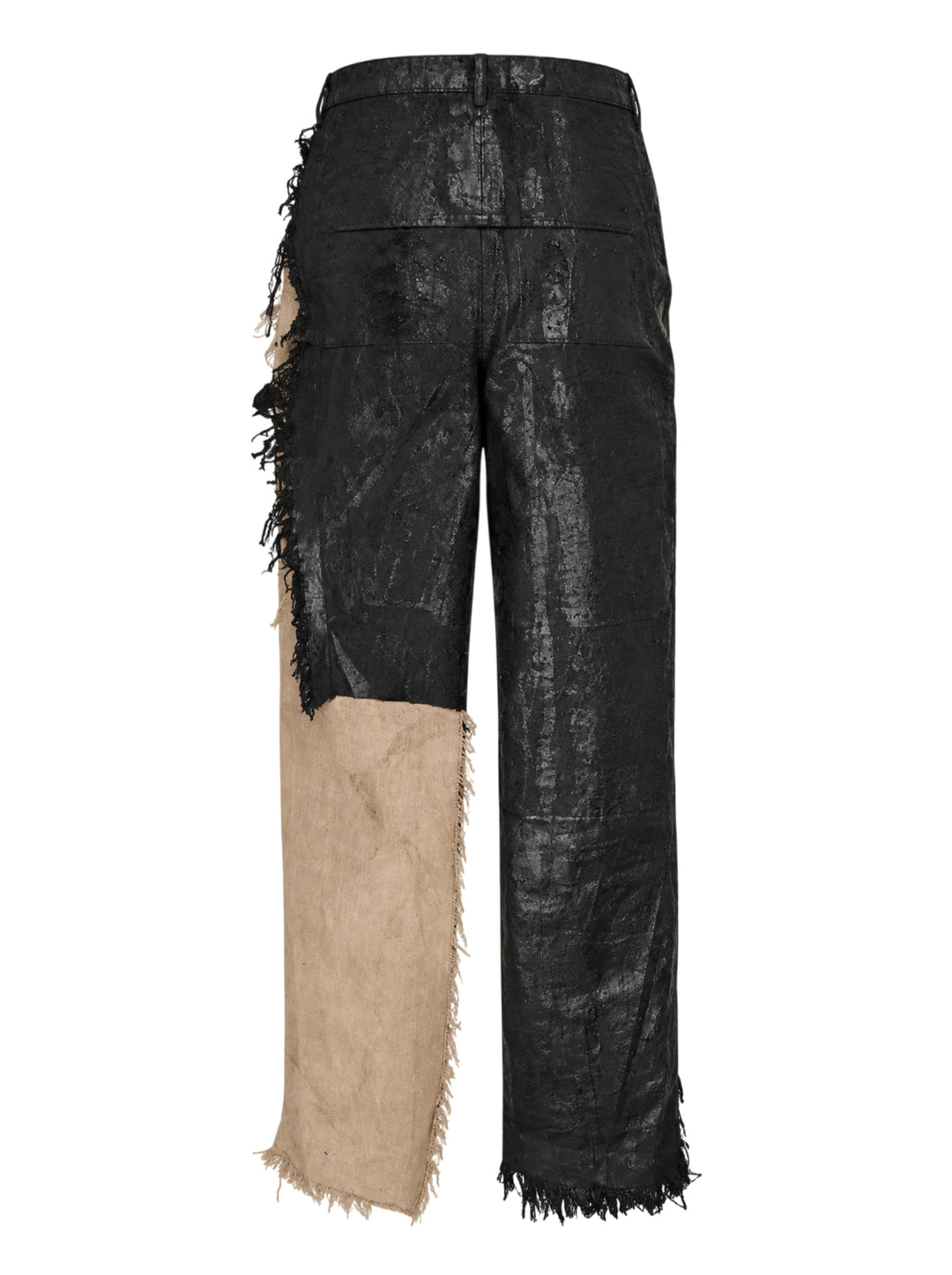 Rick Owens sliced denim skirt in coated black with beige underlayer panels and frayed raw edges - view 2
