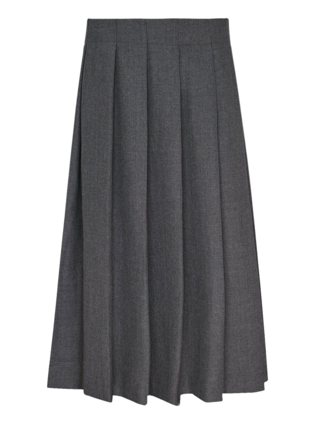 Vaquera heathered grey pleated midi skirt with box pleats and fitted waistband, shown flat on a white background