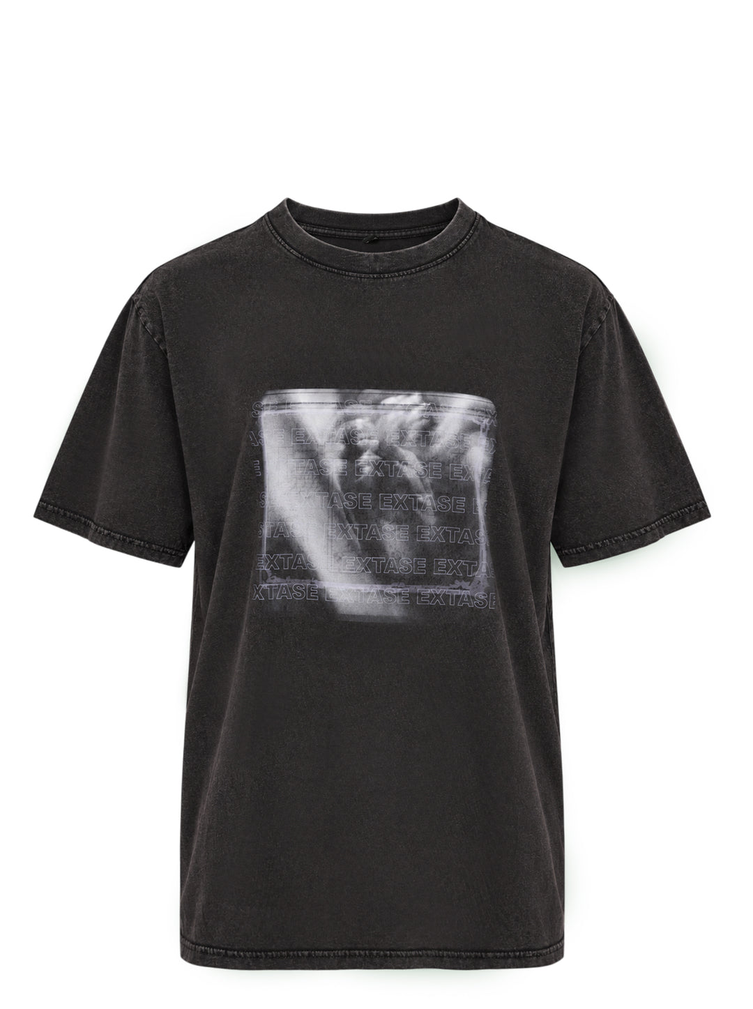 Deathmask Hedy Lamarr And The Frequency washed black short sleeve tee with blurred monochrome graphic and repeating EXTASE text on the chest