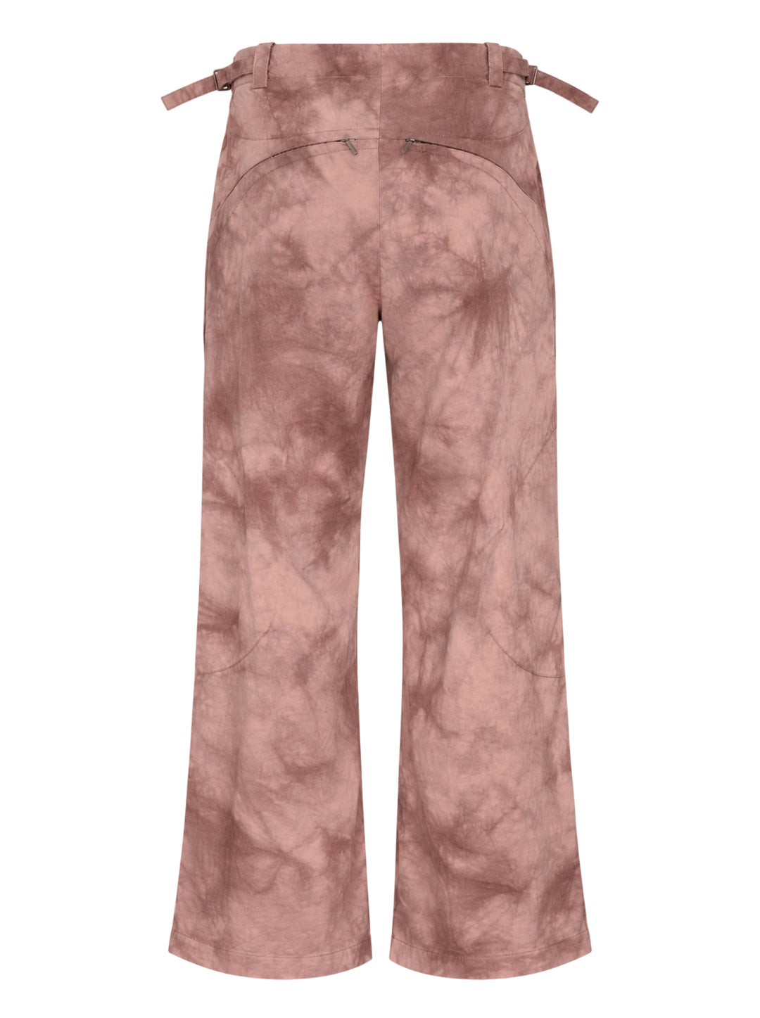 Dusty rose and brown tie-dye wide-leg trousers with a zip front, waist buckle adjusters and curved knee panel seams - view 2