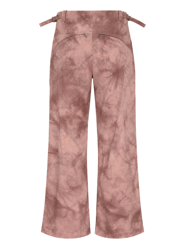 Dusty rose and brown tie-dye wide-leg trousers with a zip front, waist buckle adjusters and curved knee panel seams - view 2
