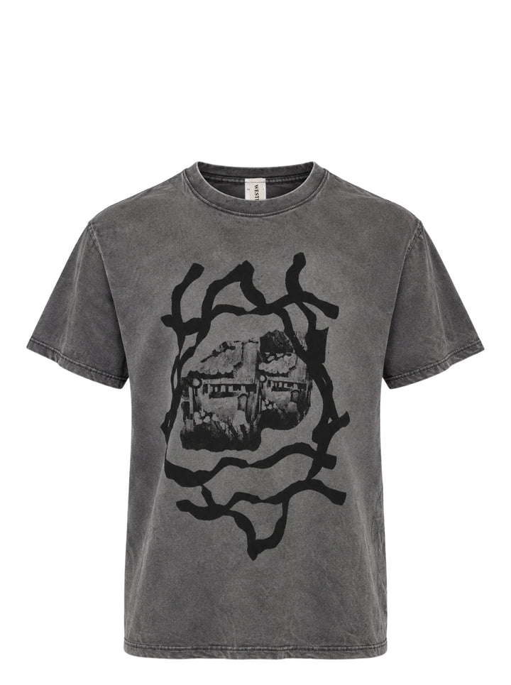 Westfall Ginji short sleeve T-shirt in washed charcoal with a black cottage graphic surrounded by twisting branches