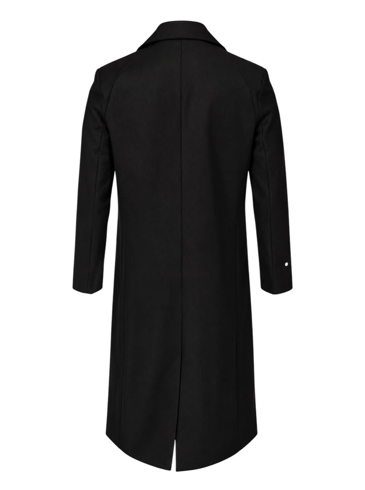 Black light wool long coat with notched lapels, snap button closure and jetted hip pockets, shown from the front - view 2