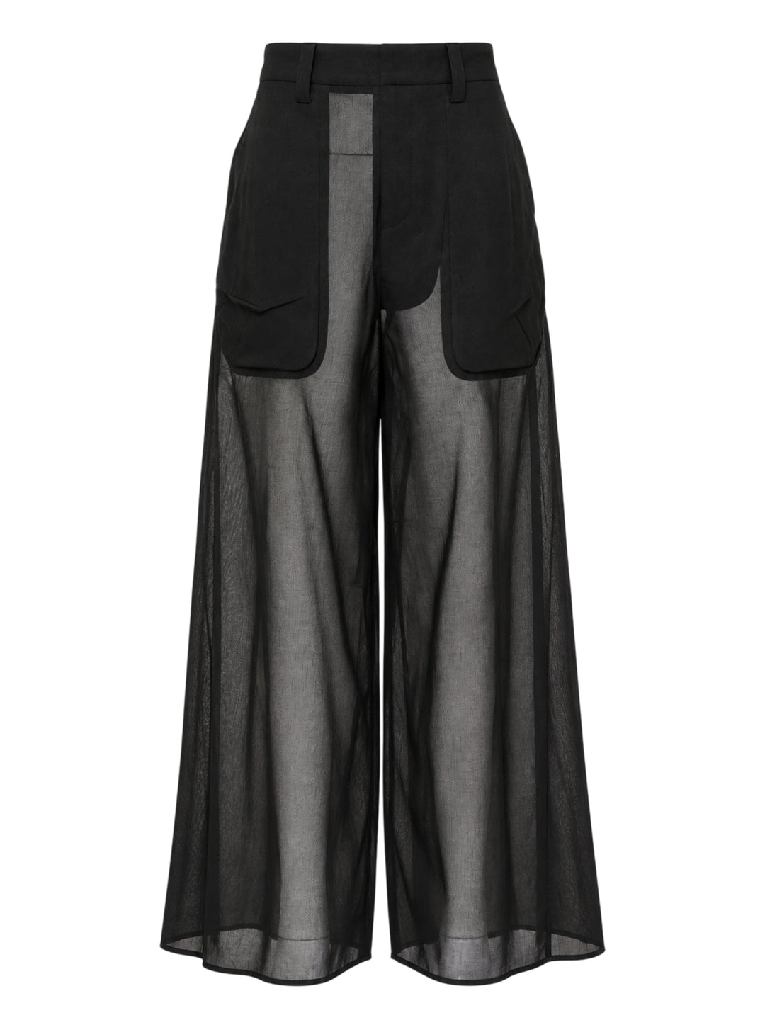Black sheer wide-leg cargo tailored trousers with structured patch pockets and a high waist by Torishéju