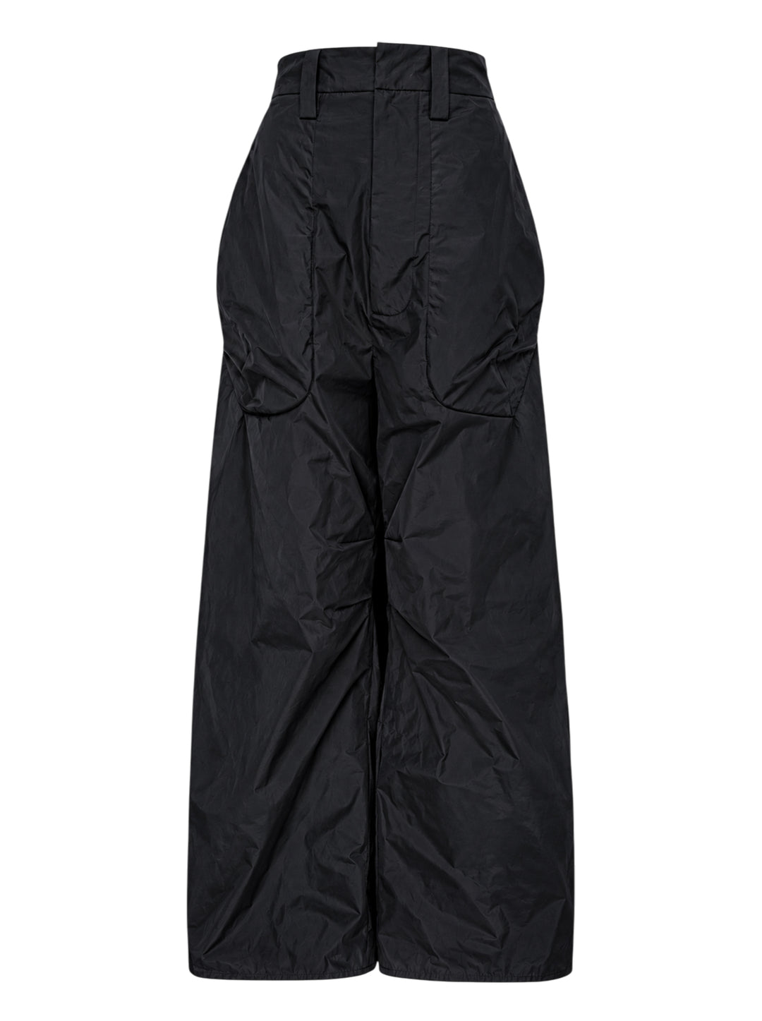 Black high-waisted wide-leg cargo tailored trousers with ruched sculpted pockets and a crinkled finish, shown from the front
