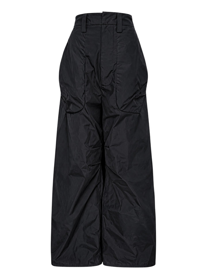 Black high-waisted wide-leg cargo tailored trousers with ruched sculpted pockets and a crinkled finish, shown from the front