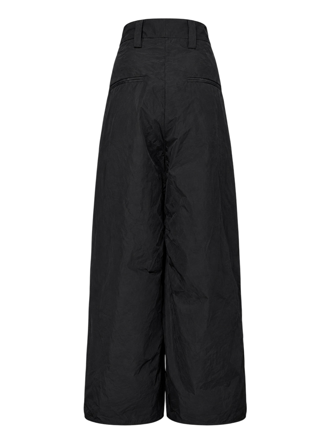 Black high-waisted wide-leg cargo tailored trousers with ruched sculpted pockets and a crinkled finish, shown from the front - view 2