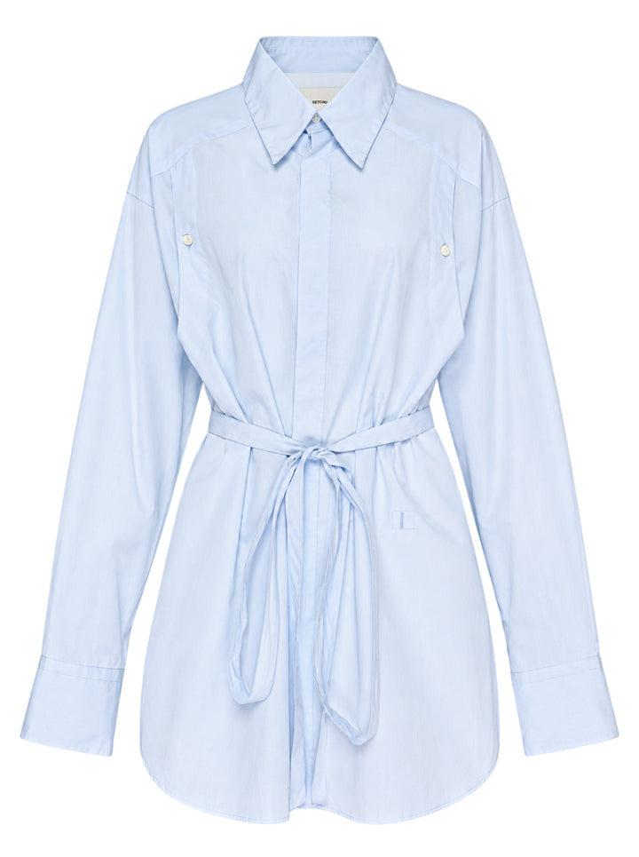 Setchu Geisha cotton shirt in pale blue with pointed collar, concealed placket, button tab details and long waist ties knotted at the front