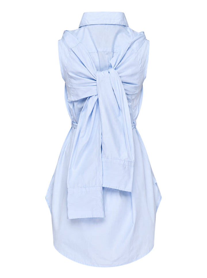 Setchu Geisha cotton shirt in pale blue with pointed collar, concealed placket, button tab details and long waist ties knotted at the front - view 4