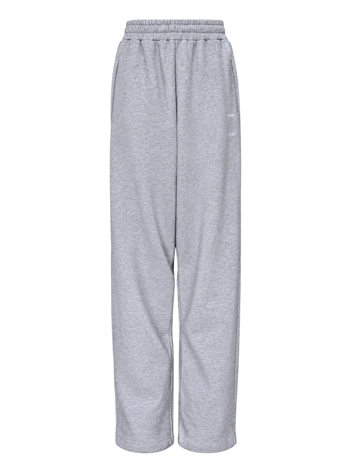 Setchu wide-leg sweatpants in heather grey with an elasticated waistband and small white logo print, shown from the front