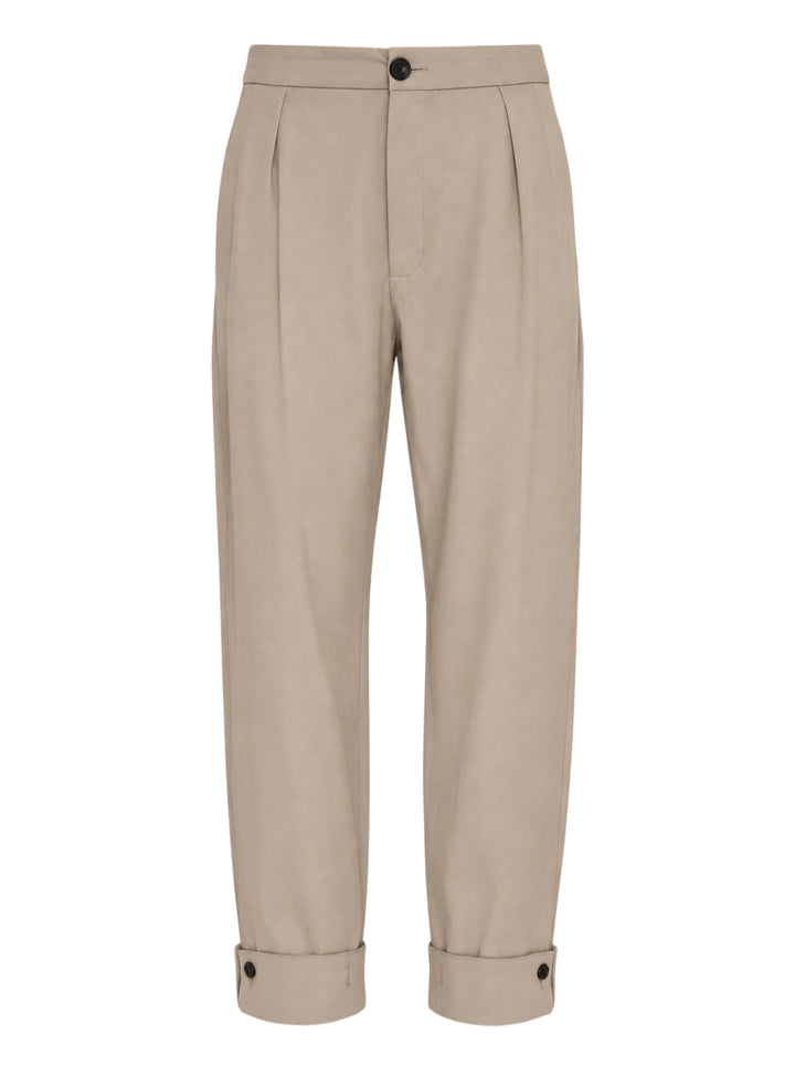 Setchu Origami Pants 2 in a stone-toned wool-cotton blend, shown front view with pleated waist, button fly and button-tab cuffs
