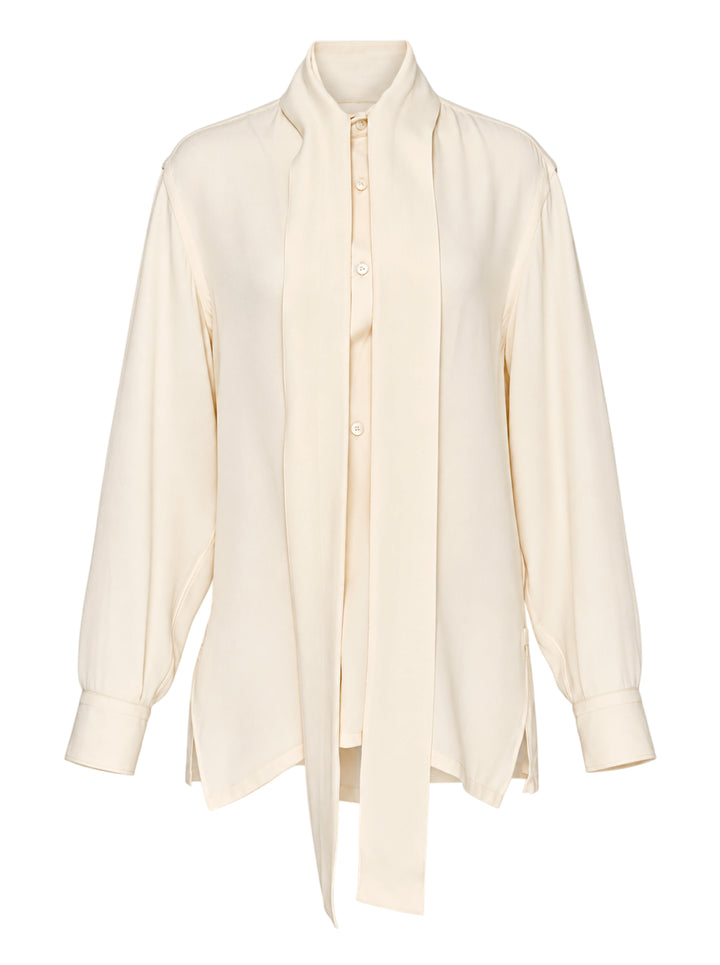 Setchu cady kimono shirt in cream with an integrated neck tie, button placket and long sleeves
