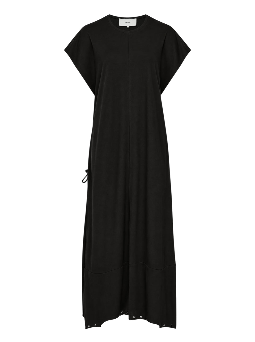 Setchu Makimono black maxi dress with cap sleeves, centre front seam, side drawcord and eyelet-trimmed hem