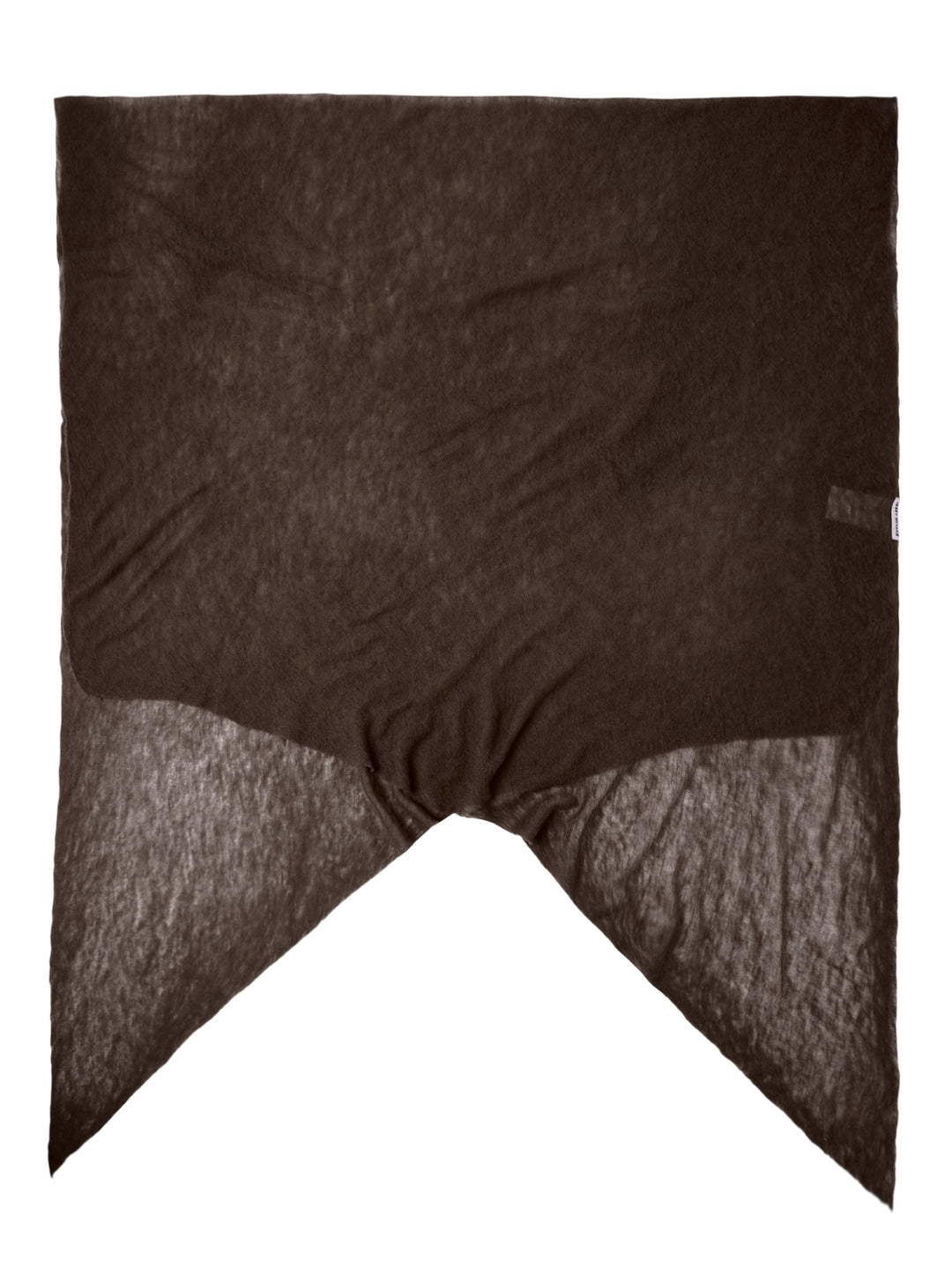 Issey Miyake dark brown cashmere knit stole with sheer lightweight texture and pointed angular ends, shown flat