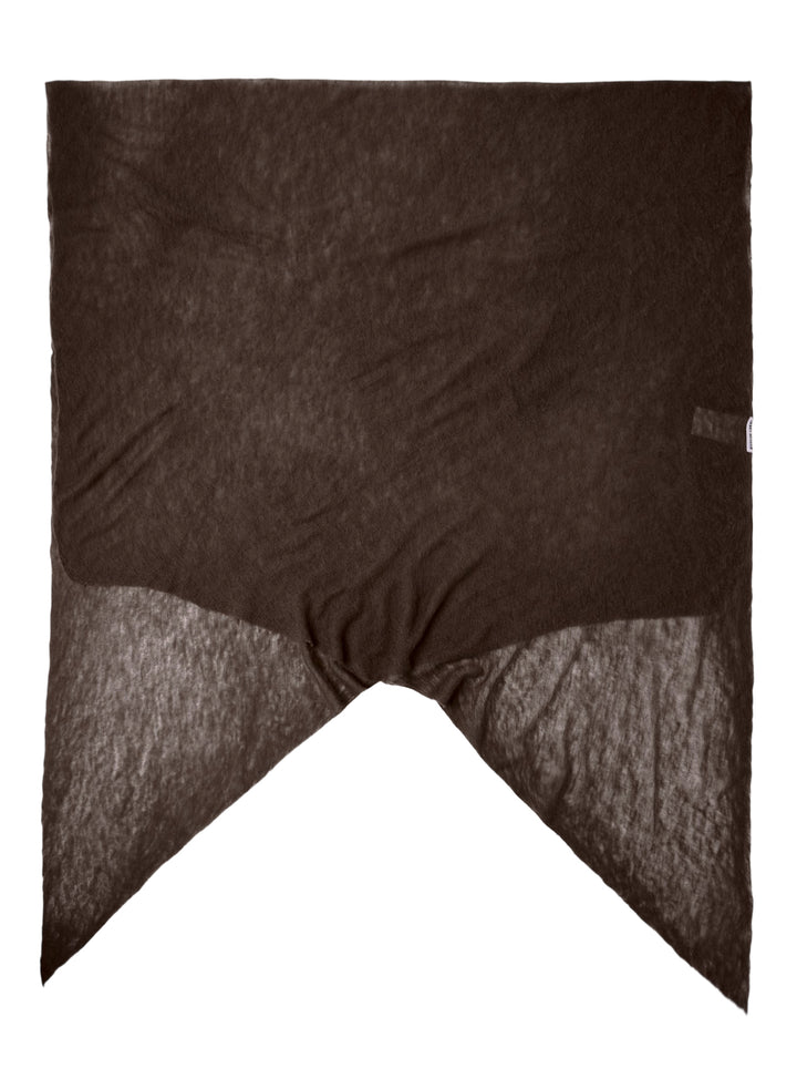Issey Miyake dark brown cashmere knit stole with sheer lightweight texture and pointed angular ends, shown flat