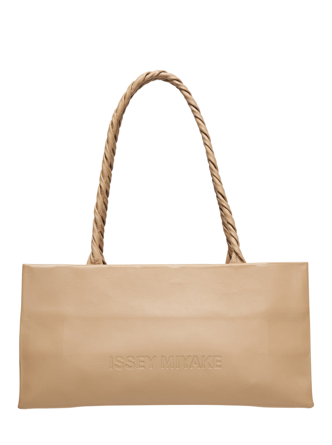 Issey Miyake tan leather Paper Bag handbag with sculptural rope-twisted single shoulder handle and embossed logo on the front panel, photographed front-facing against a white background