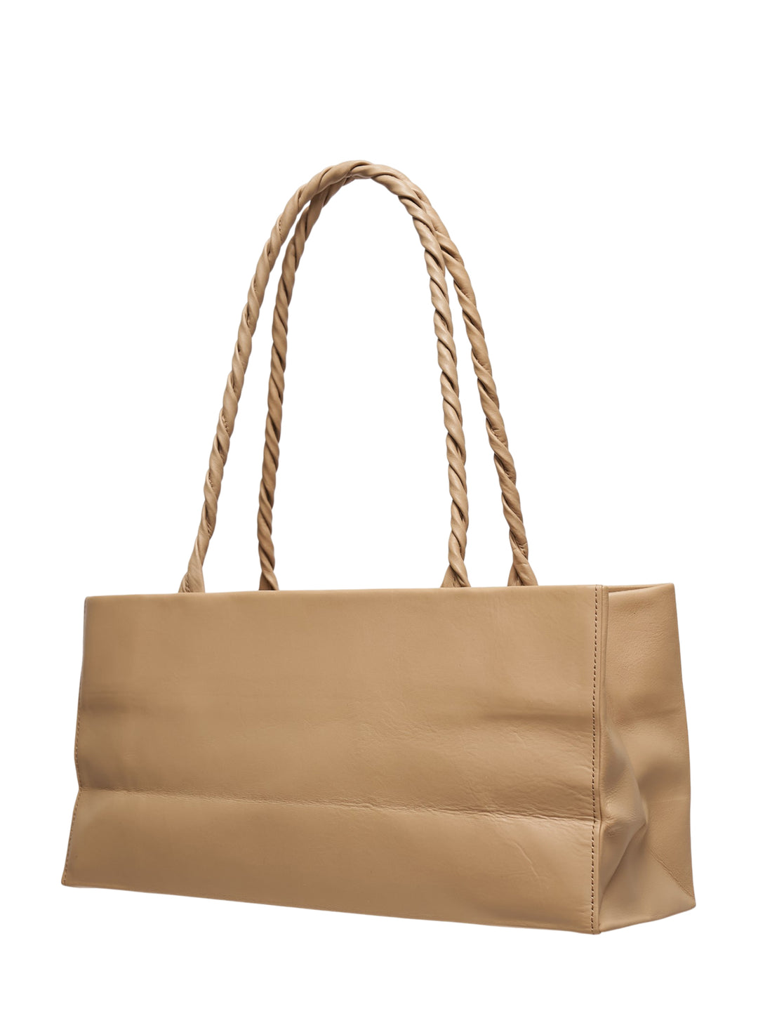 Issey Miyake tan leather Paper Bag handbag with sculptural rope-twisted single shoulder handle and embossed logo on the front panel, photographed front-facing against a white background - view 2