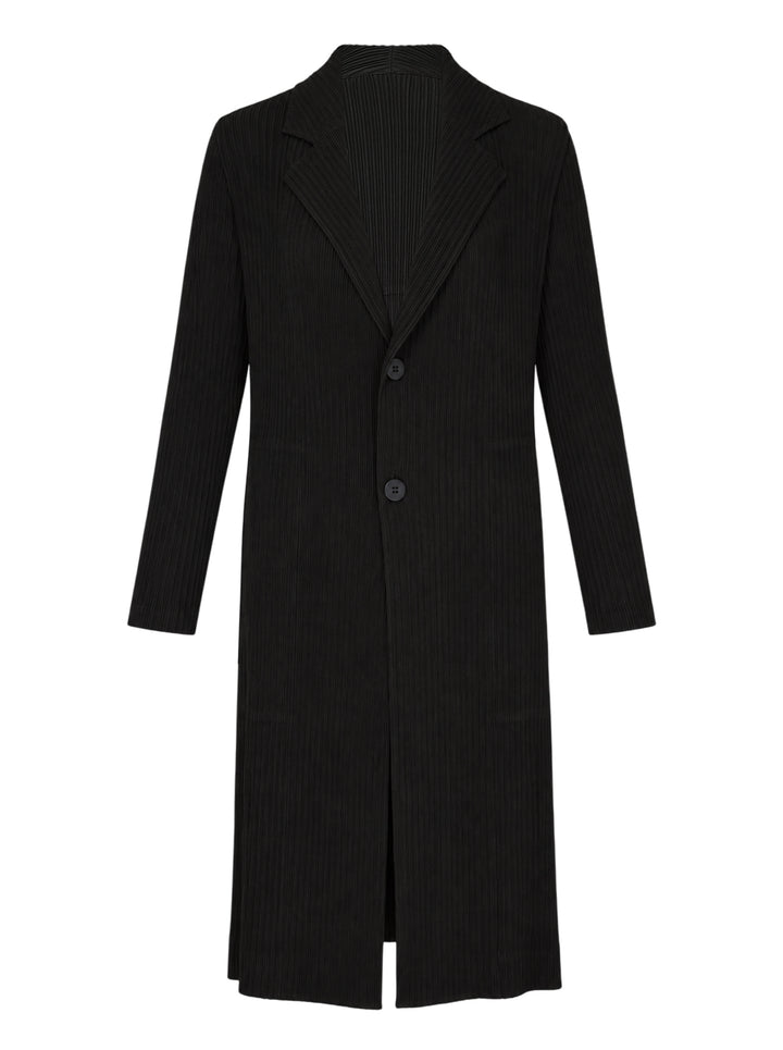 Issey Miyake Hatching Pleats long black pleated coat with notched lapel and two-button front