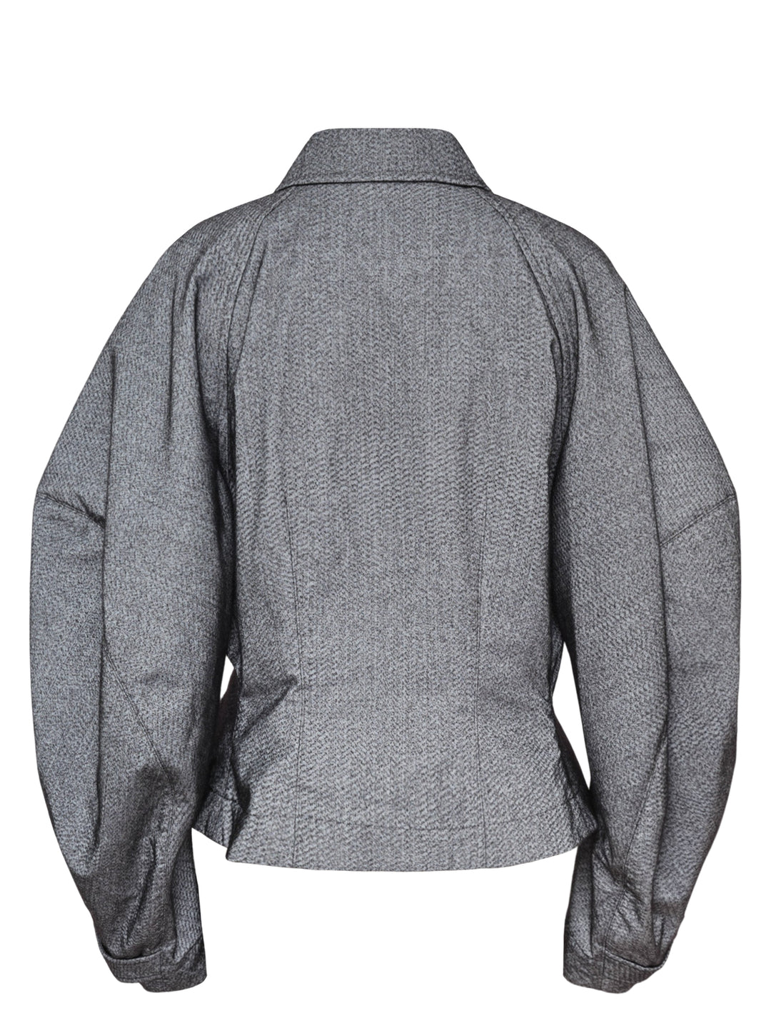 Issey Miyake Reflection Blouson in grey textured woven fabric, featuring a sculpted silhouette, pointed collar, centre-front zip closure, dual angled zip pockets, and belted cuffs - view 2