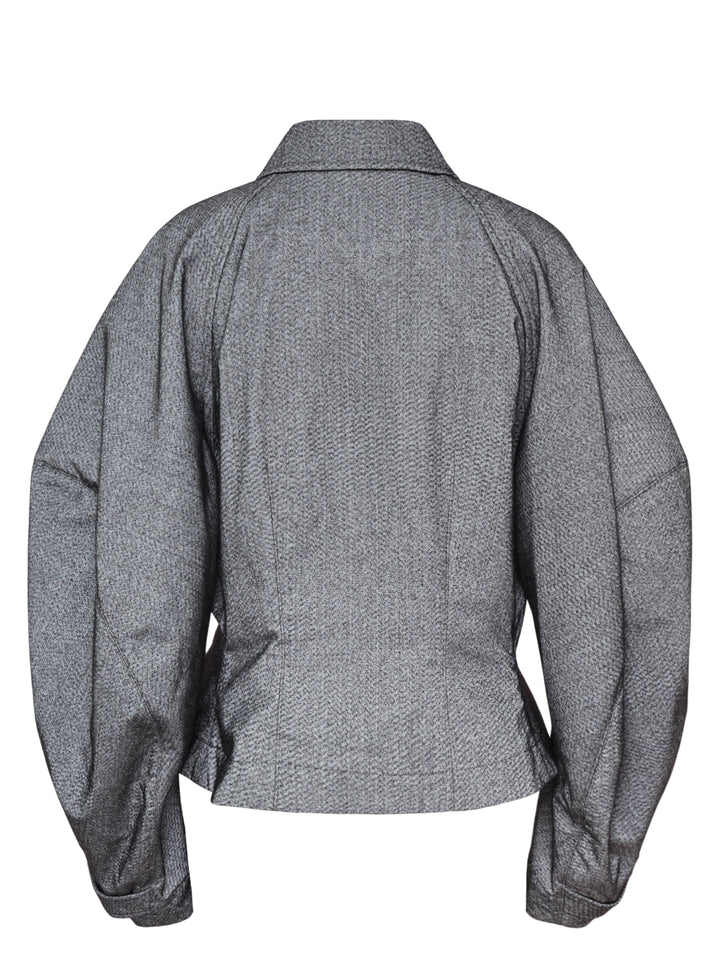Issey Miyake Reflection Blouson in grey textured woven fabric, featuring a sculpted silhouette, pointed collar, centre-front zip closure, dual angled zip pockets, and belted cuffs - view 2