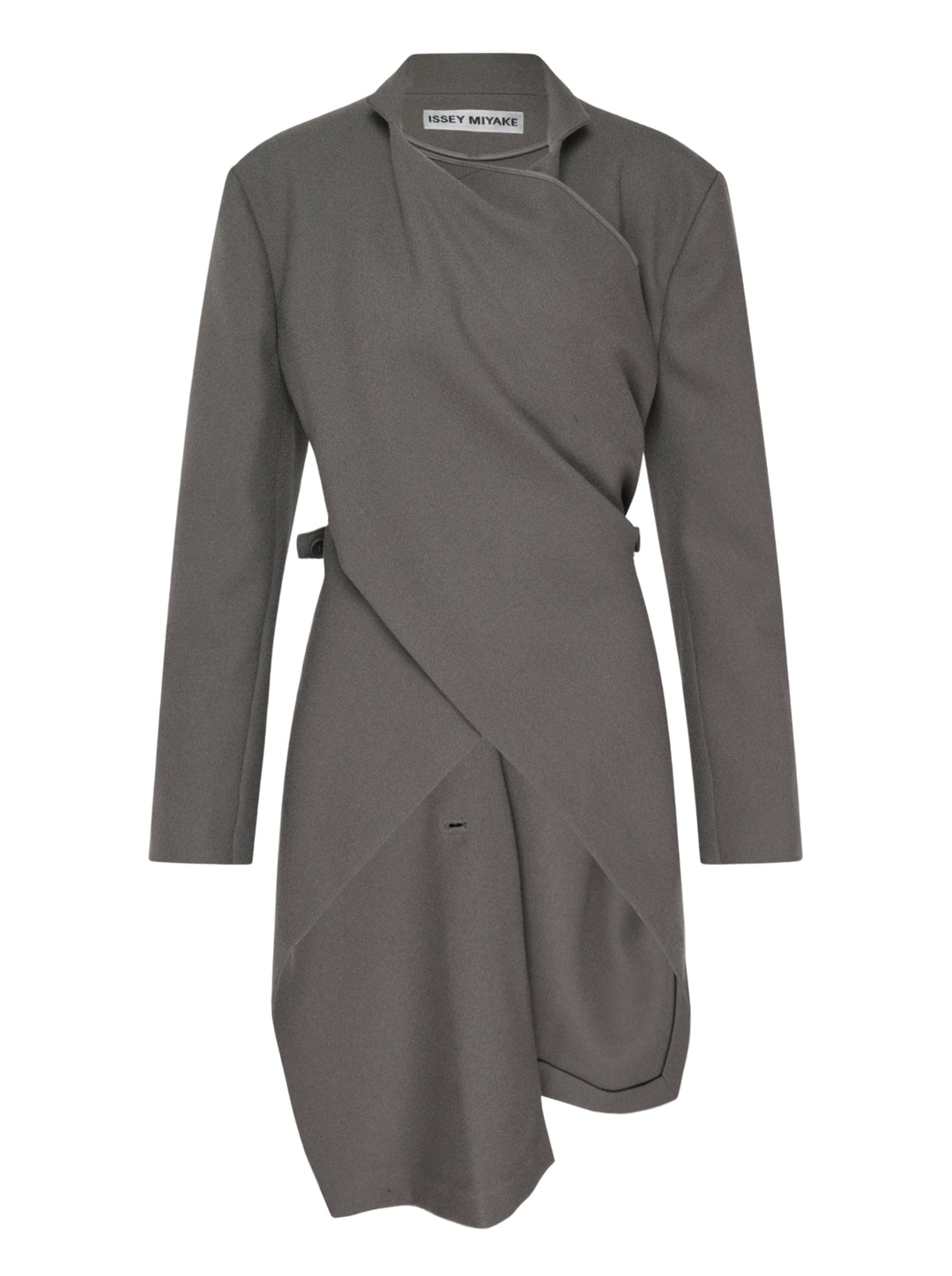 Issey Miyake CALLIGRAPH grey long-sleeve wrap jacket with asymmetric diagonal drape panels, side buckle fastening, and curved hem, displayed flat on white background