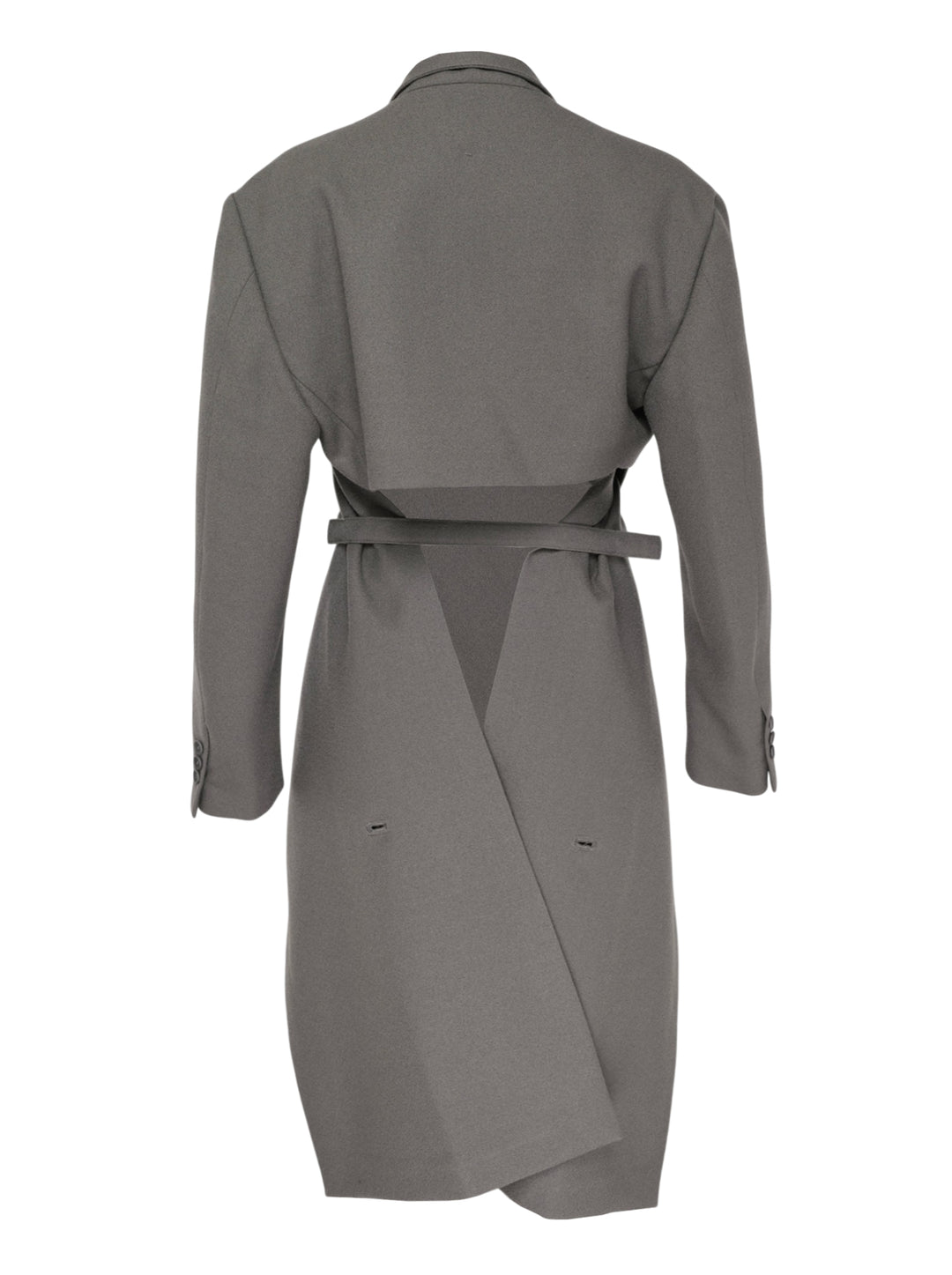 Issey Miyake CALLIGRAPH grey long-sleeve wrap jacket with asymmetric diagonal drape panels, side buckle fastening, and curved hem, displayed flat on white background - view 2