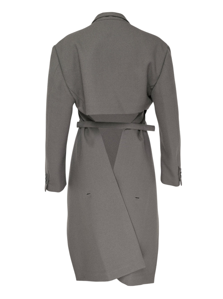 Issey Miyake CALLIGRAPH grey long-sleeve wrap jacket with asymmetric diagonal drape panels, side buckle fastening, and curved hem, displayed flat on white background - view 2