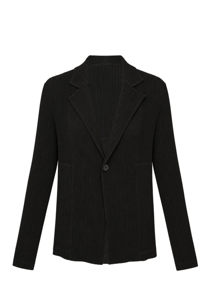 Black pleated single-button jacket with notched lapels by Issey Miyake, shown from the front