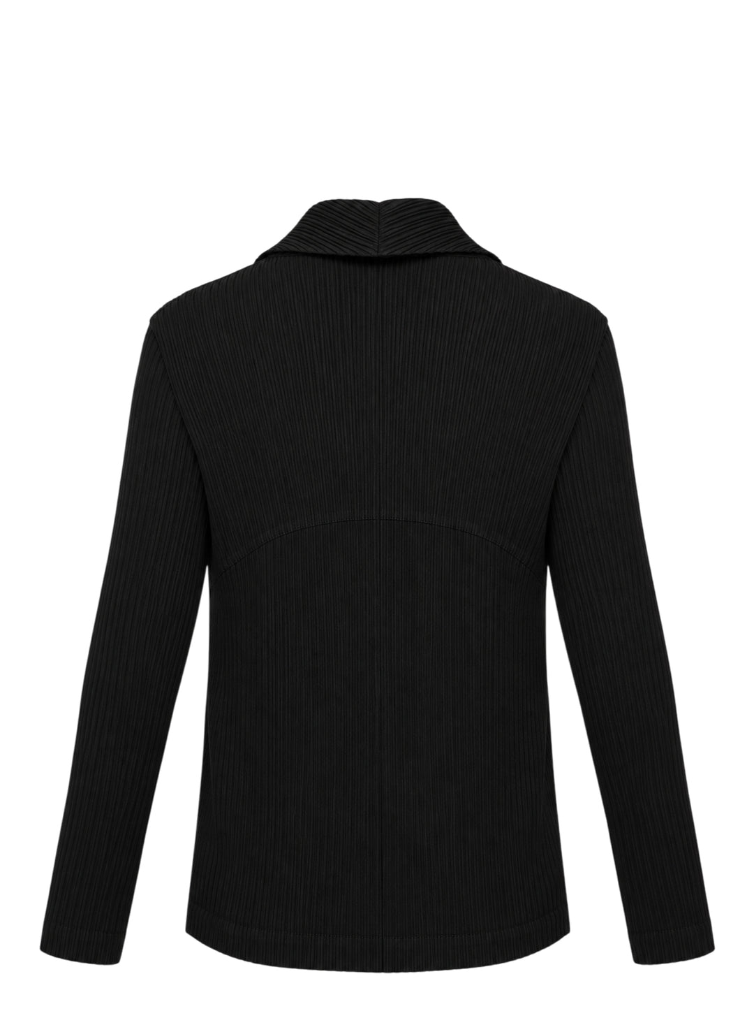 Black pleated single-button jacket with notched lapels by Issey Miyake, shown from the front - view 2