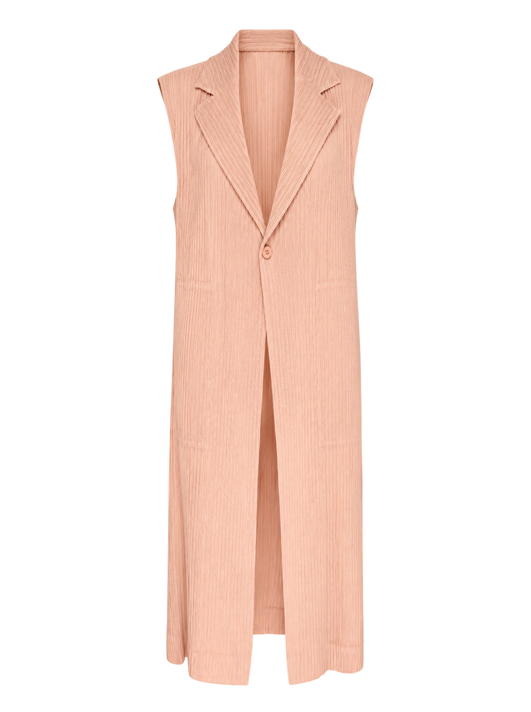Issey Miyake Hatching Pleats long sleeveless vest in blush pink with notched lapel, single button and hip pockets in fine vertical pleats