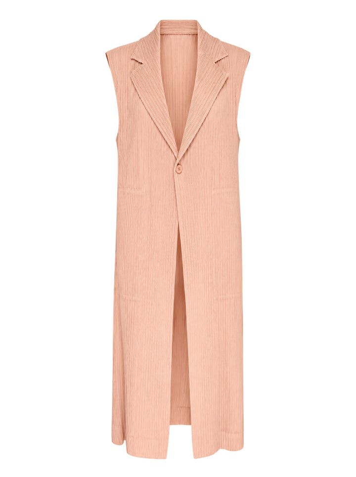 Issey Miyake Hatching Pleats long sleeveless vest in blush pink with notched lapel, single button and hip pockets in fine vertical pleats