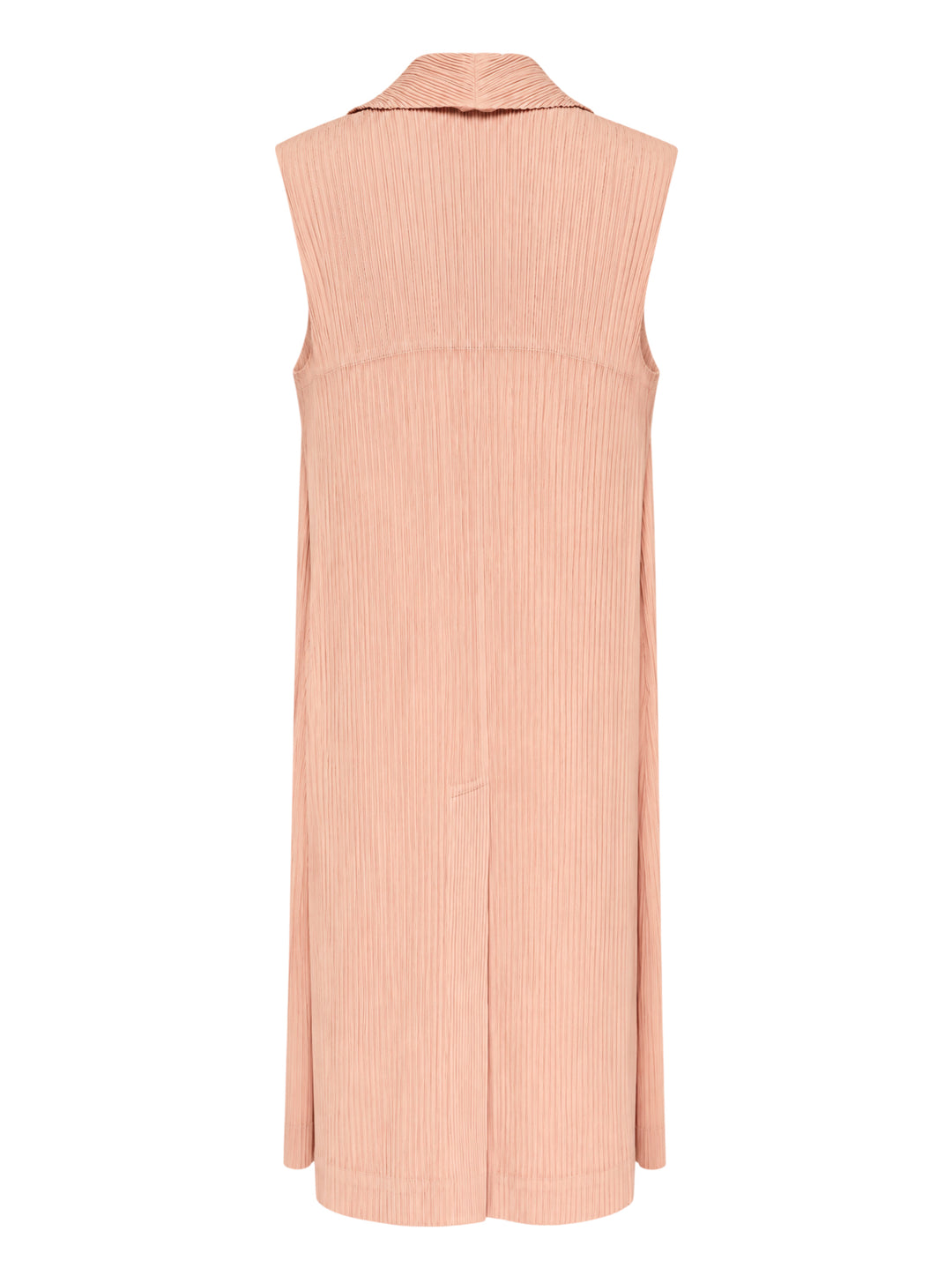 Issey Miyake Hatching Pleats long sleeveless vest in blush pink with notched lapel, single button and hip pockets in fine vertical pleats - view 2