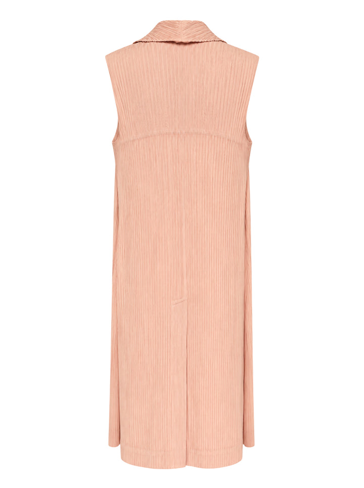 Issey Miyake Hatching Pleats long sleeveless vest in blush pink with notched lapel, single button and hip pockets in fine vertical pleats - view 2