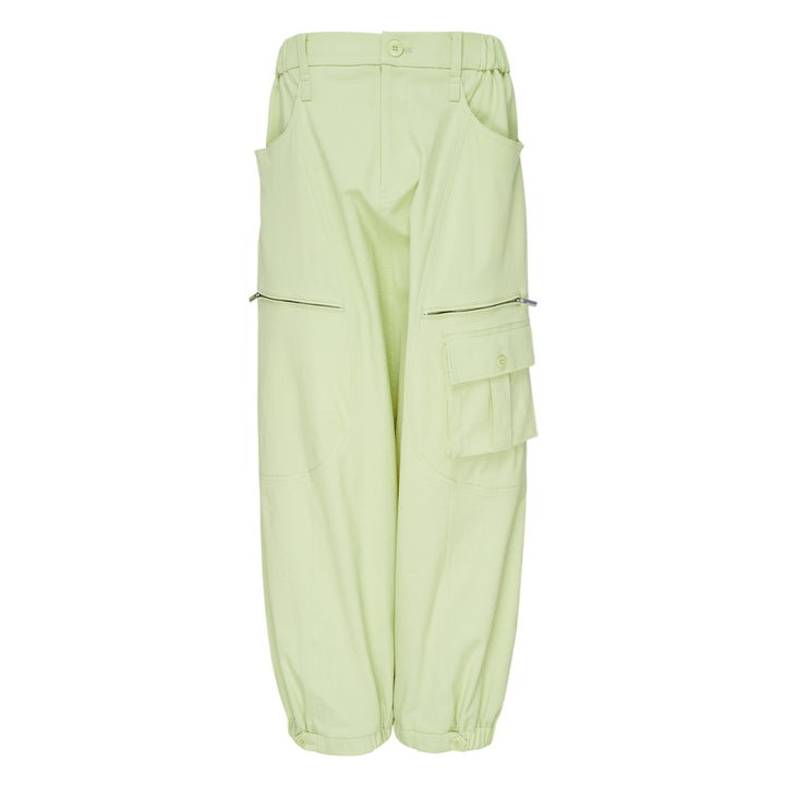 Issey Miyake Grainy Pants in black — wide-leg woven cargo trousers with zip thigh pockets, flap cargo pocket, and button-fastened ankle cuffs