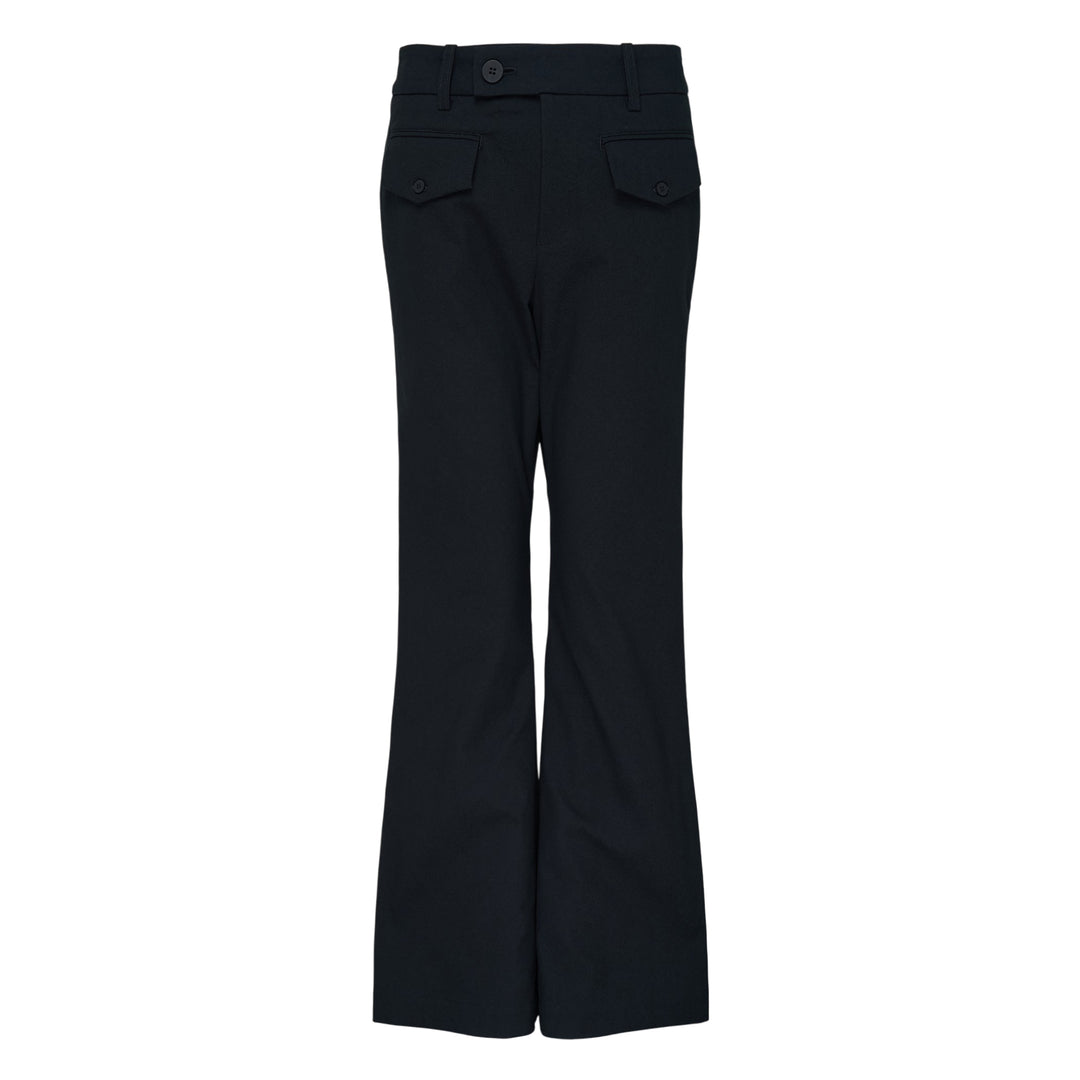 Issey Miyake Grainy Woven Flare Pants in black, flat lay front view showing flap pockets and flared leg silhouette
