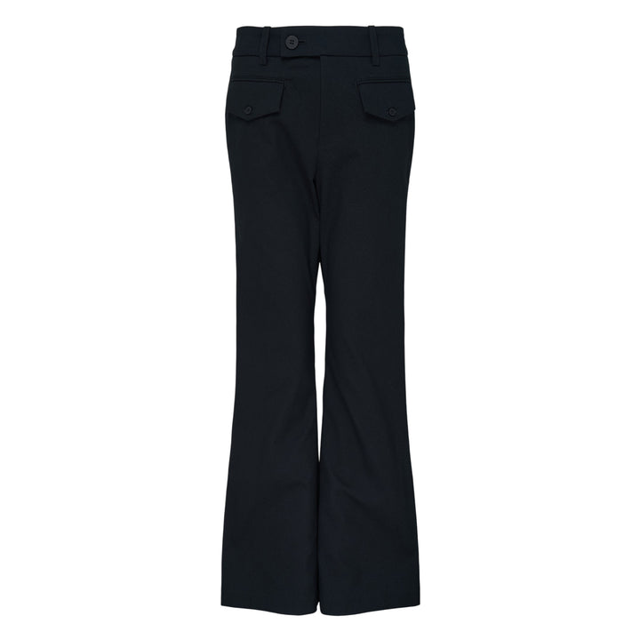 Issey Miyake Grainy Woven Flare Pants in black, flat lay front view showing flap pockets and flared leg silhouette