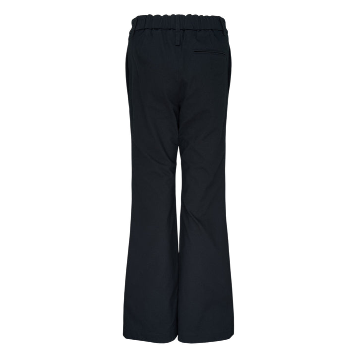 Issey Miyake Grainy Woven Flare Pants in black, flat lay front view showing flap pockets and flared leg silhouette