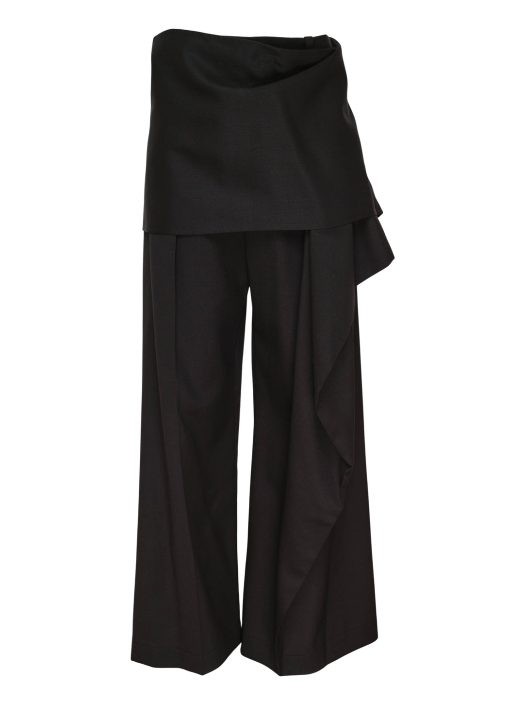 Issey Miyake Lustrous Wool Pants in black, featuring a wide-leg silhouette and asymmetric draped skirt overlay cascading from the high waist