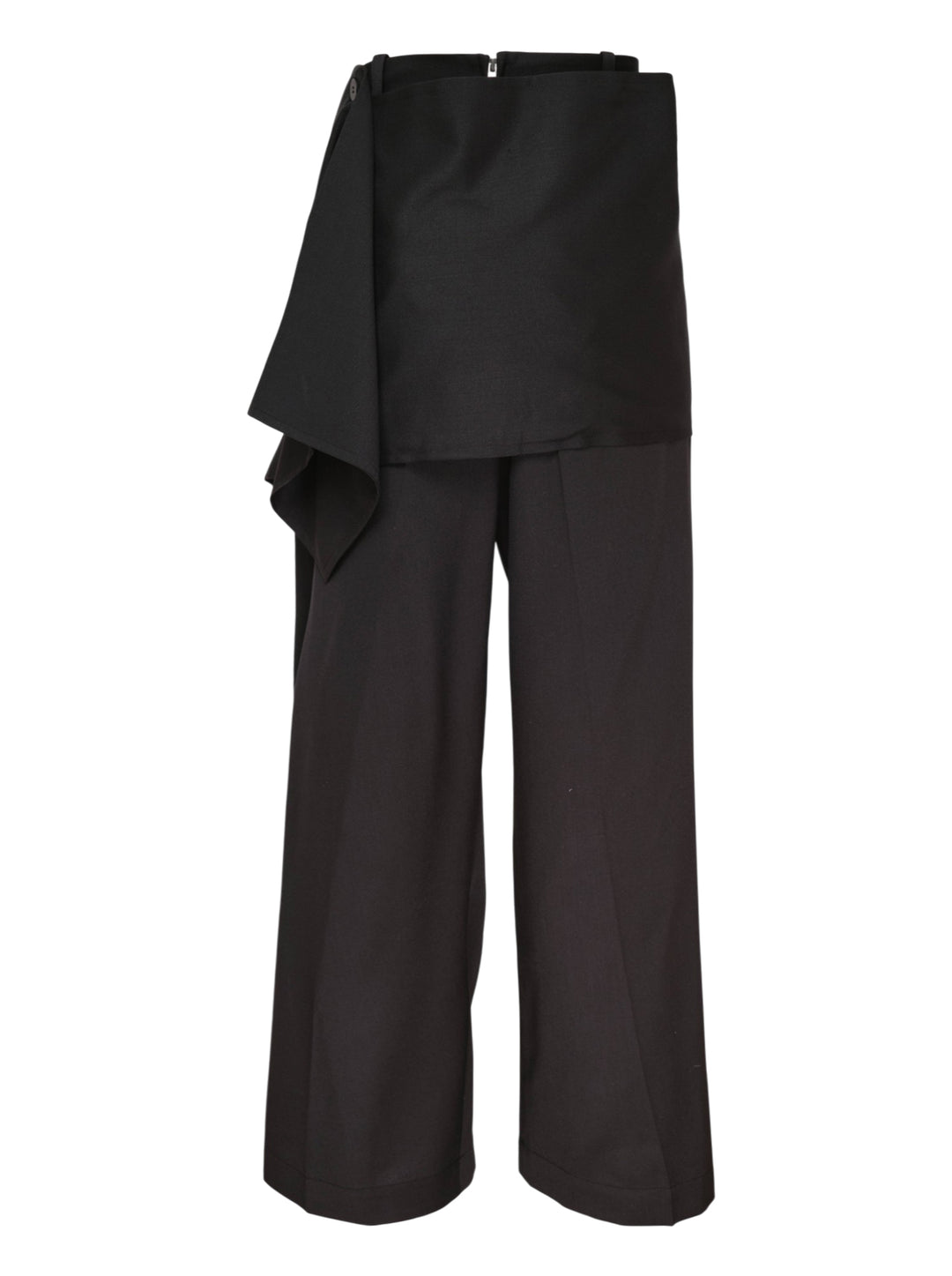 Issey Miyake Lustrous Wool Pants in black, featuring a wide-leg silhouette and asymmetric draped skirt overlay cascading from the high waist - view 2